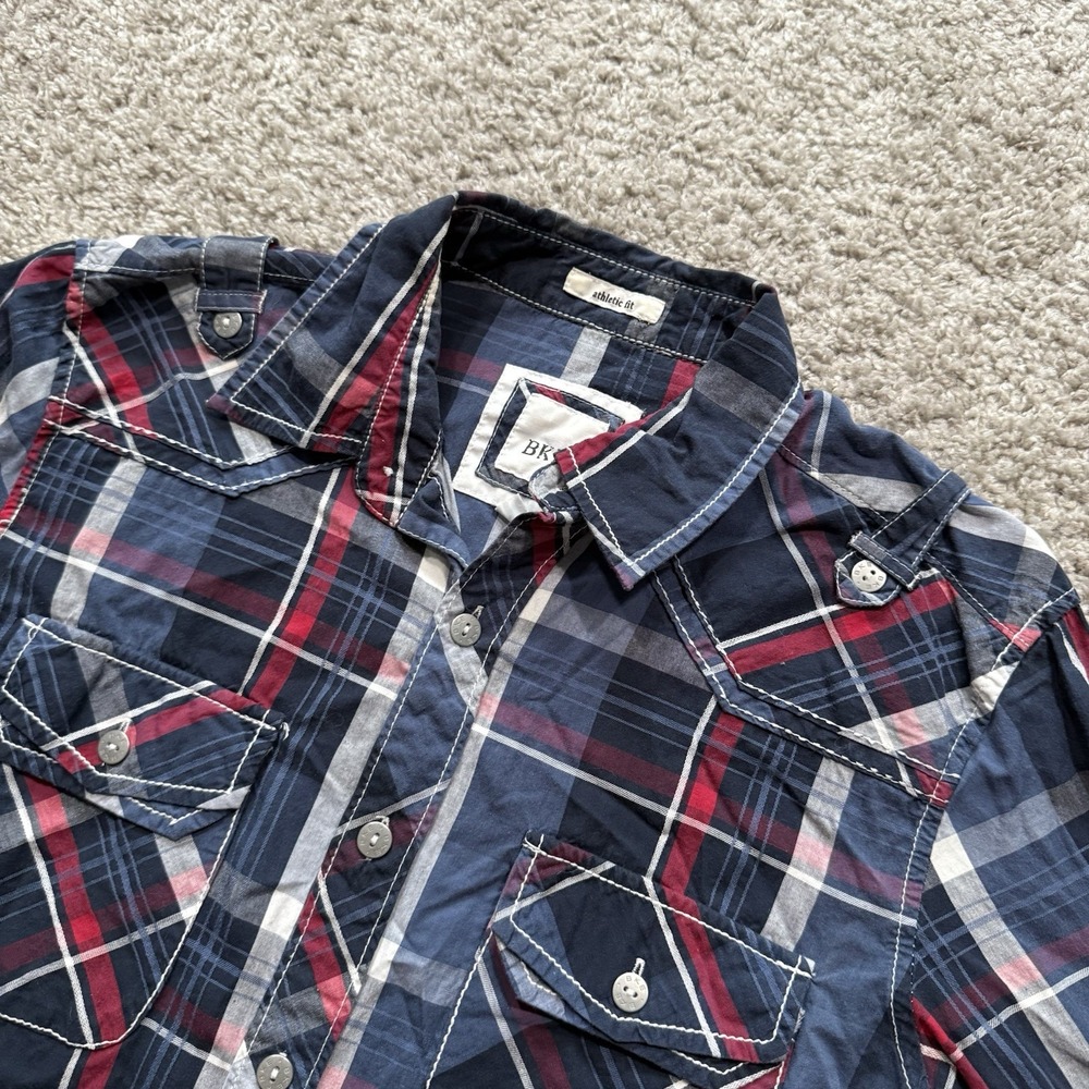 BKE Athletic Fit Men's Plaid Button Up Long Sleeve SZ S Double Chest Pockets - Picture 3 of 12